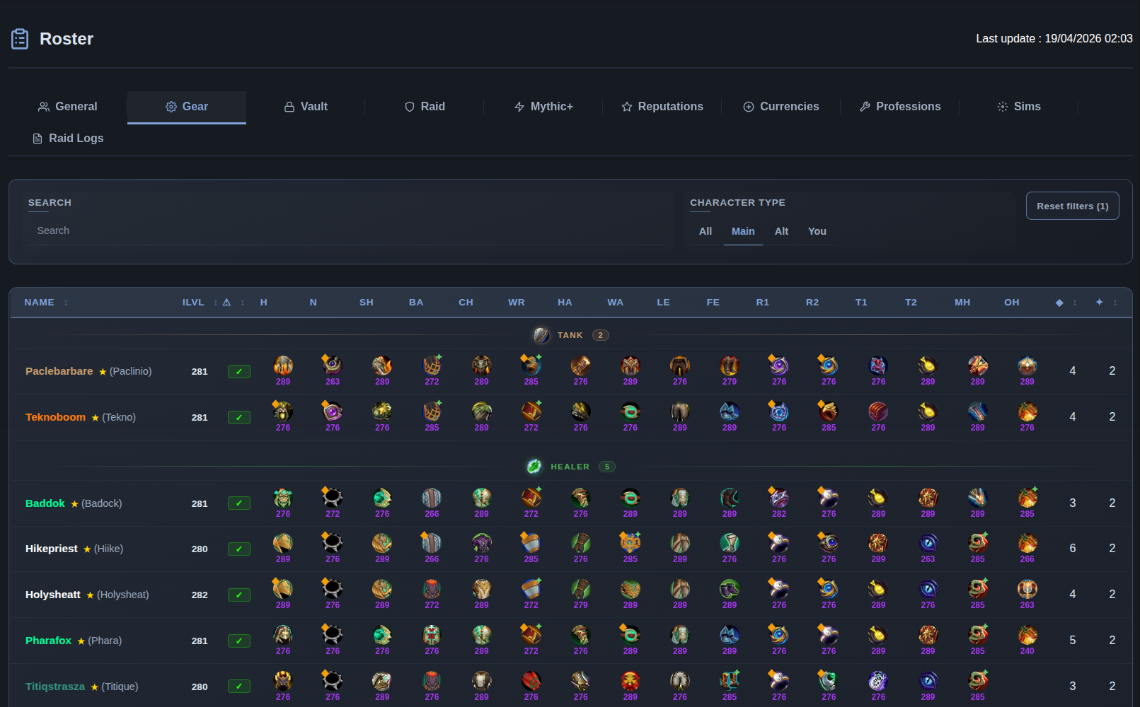 Roster and characters screenshot